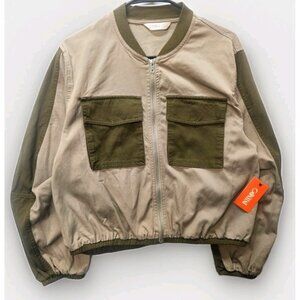 INTEMPO Cargo Bomber Jacket Women's Size Small Olive Tan Multi‎ Lightweight New